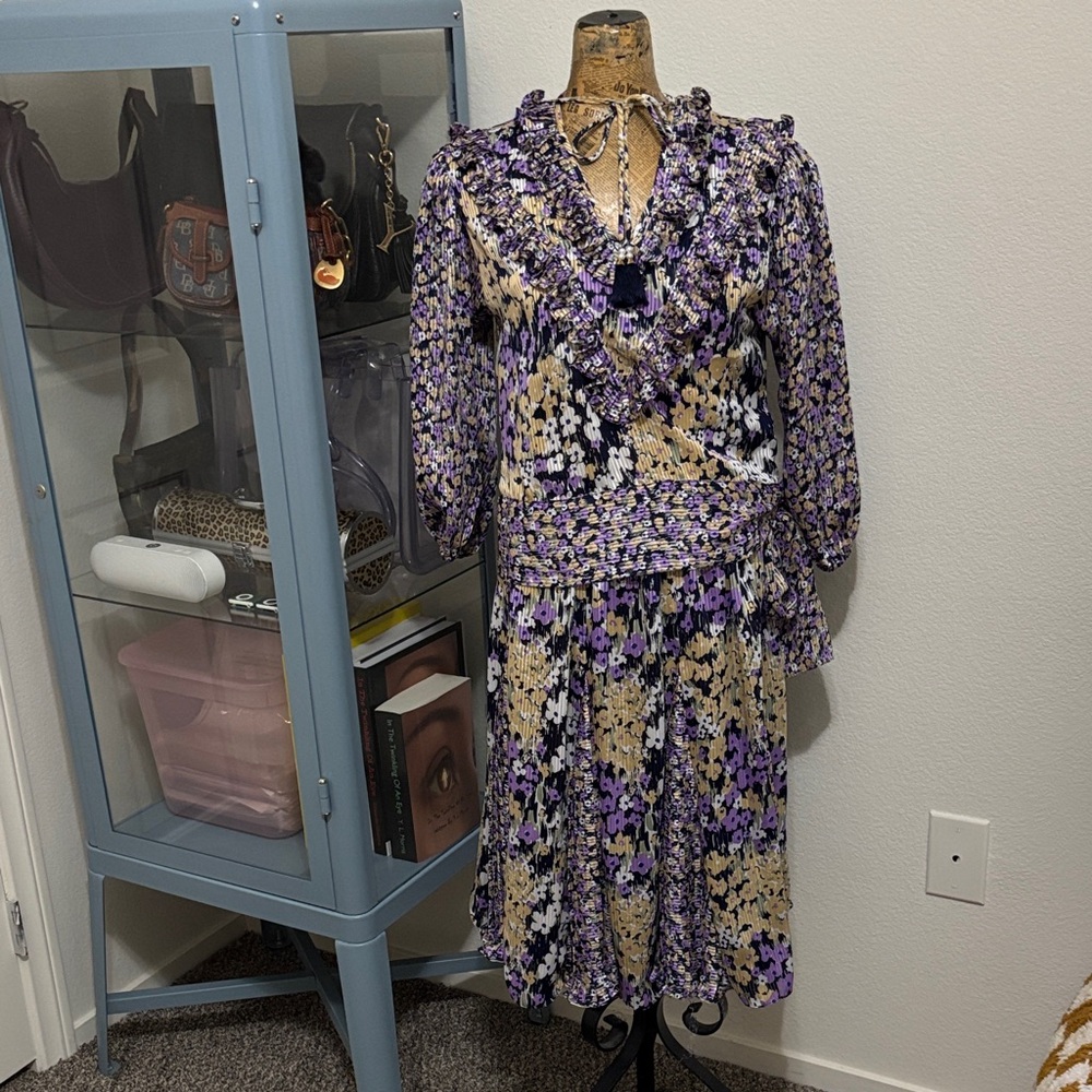 Indigo Lites two piece skirt set floral vintage 80s pleats ruffles s/m boho chic